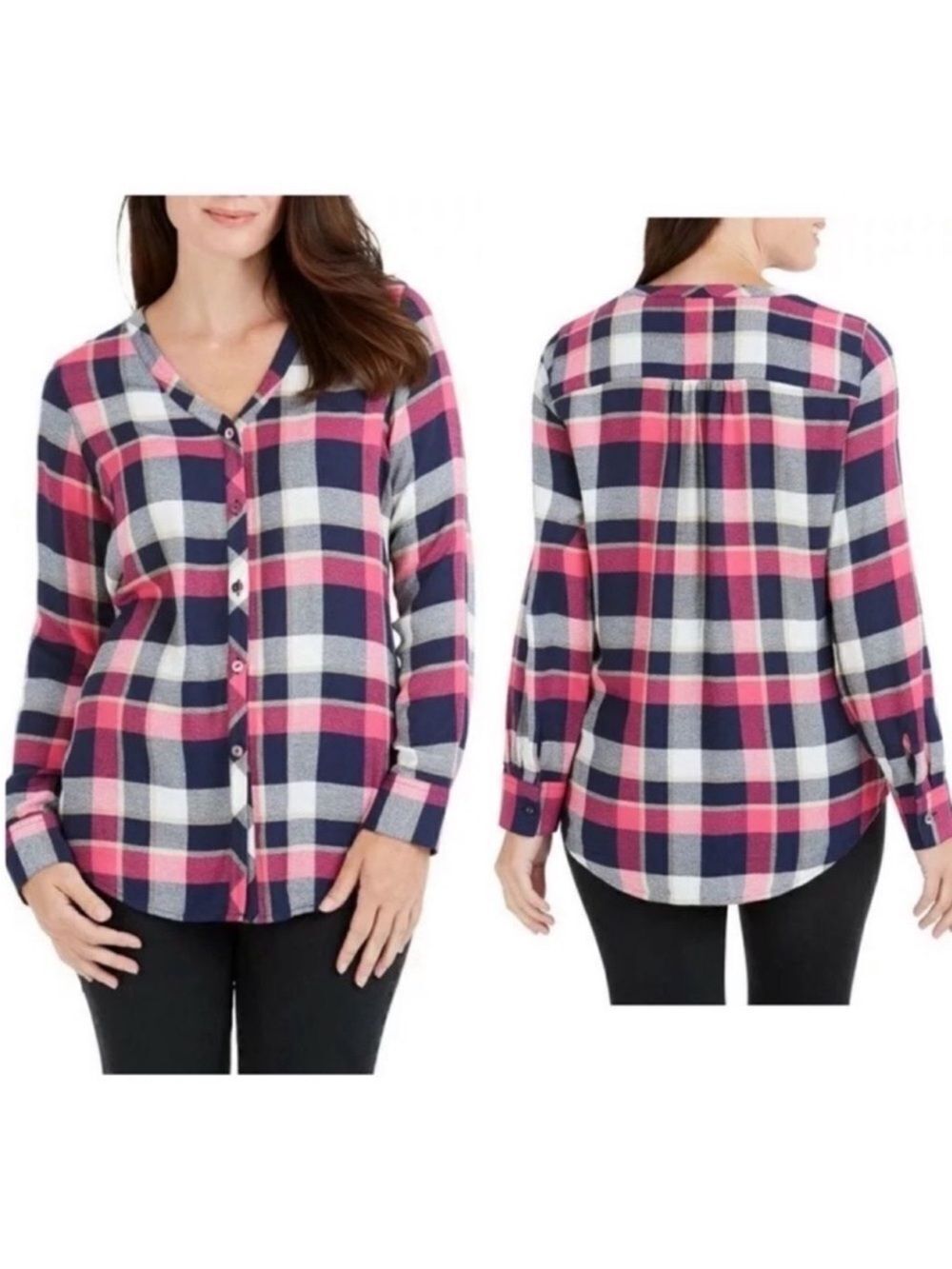 Foxcroft 14 Daisy Navy Pink Plaid Long Sleeve Button V-Neck Front Shirt